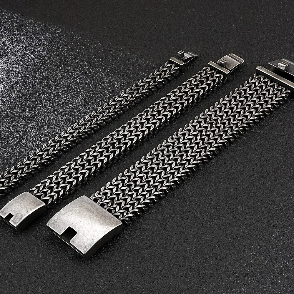 12/18/30MM Wide Black Stainless Steel Bracelet Men 23CM Retro Massive Mens Charm Bracelets