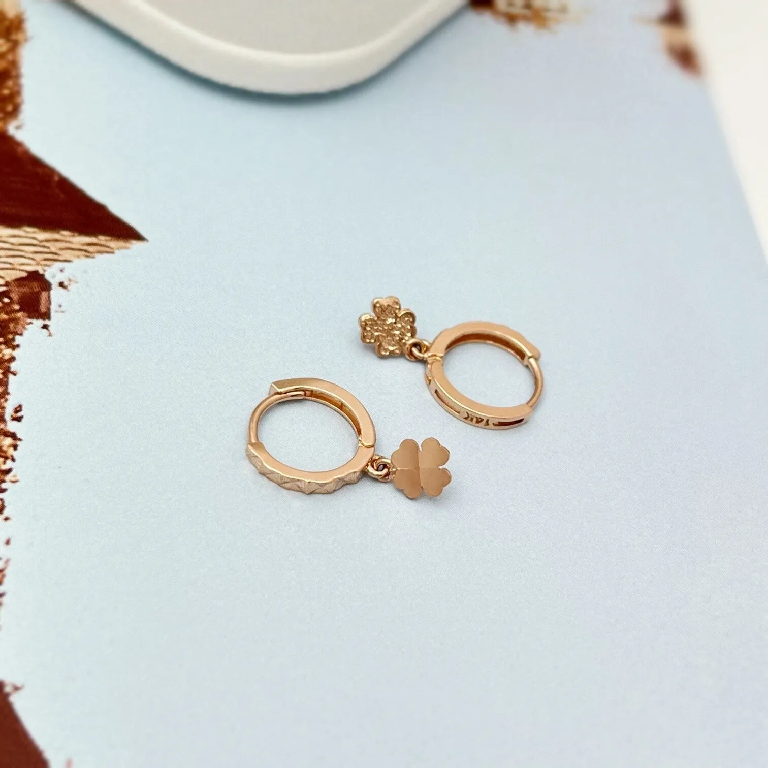 14k Rose Gold Mini Four Leaf Clover Charm Earrings