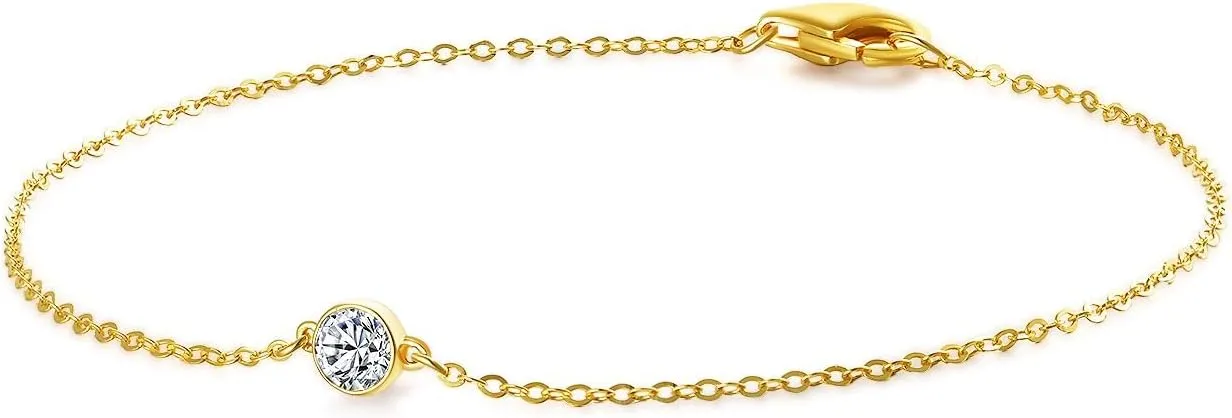 14k Solid Gold 5 Diamond Solitaire Station Bracelet for women(White),0.32ct,DEF VS~VVS, Bezel,No fading, No allergies,Lab grown Diamond,Lobster buckle