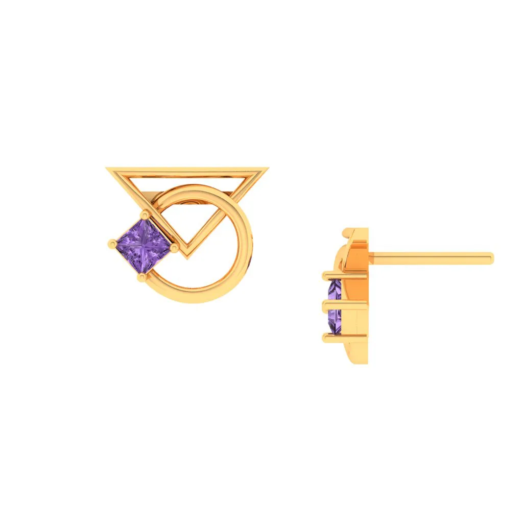 14k Unique Geometrical Gold Earrings With Violet Stones