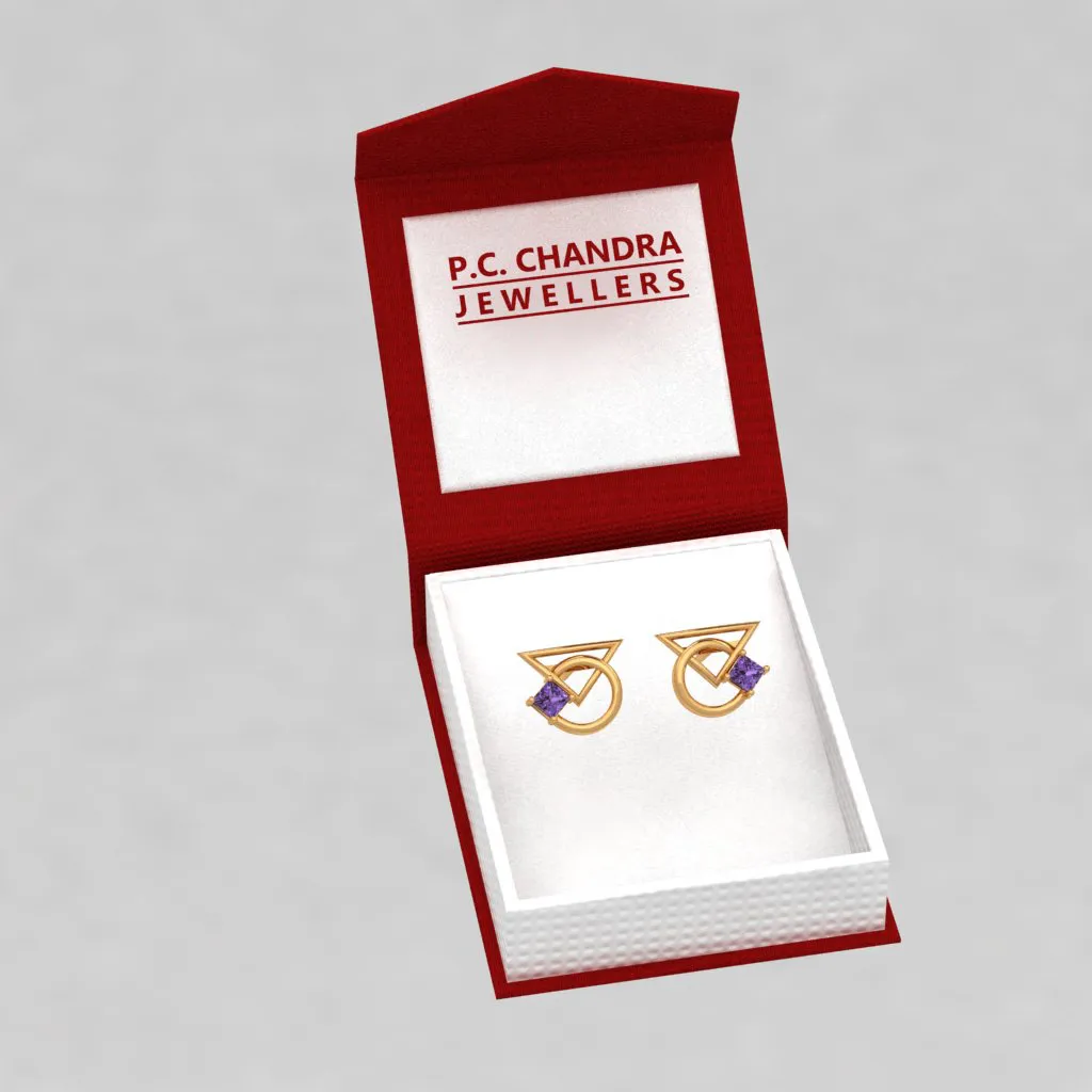 14k Unique Geometrical Gold Earrings With Violet Stones