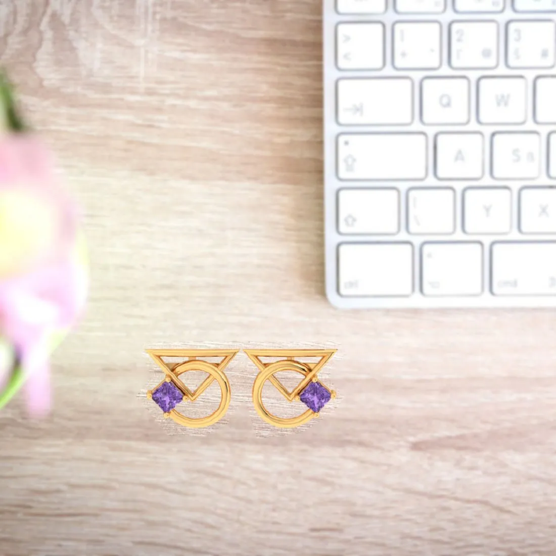 14k Unique Geometrical Gold Earrings With Violet Stones