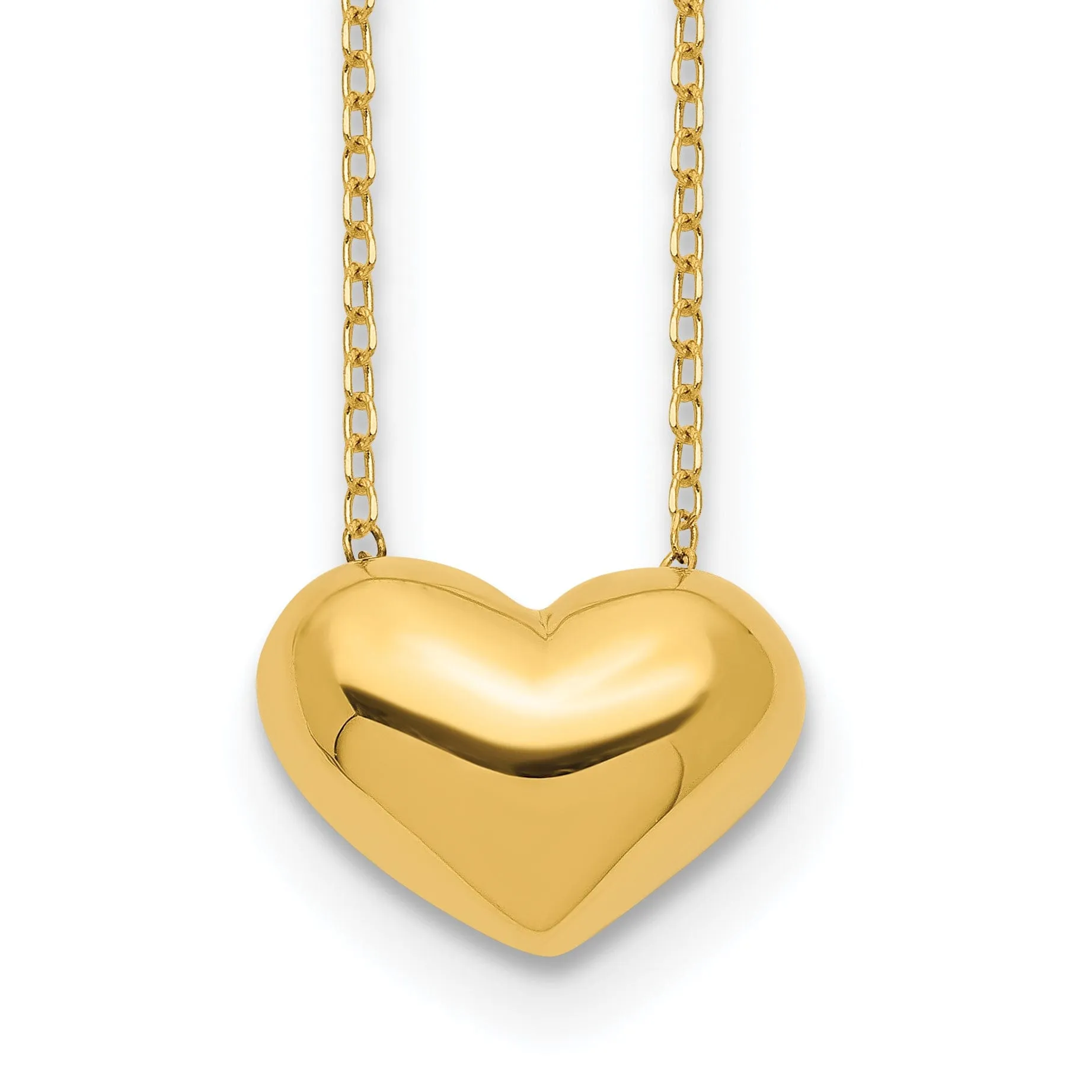 14k Yellow Gold Polished Finish Hollow Puffed Heart Pendant Design in a 18 inch Cable Chain Necklace Set