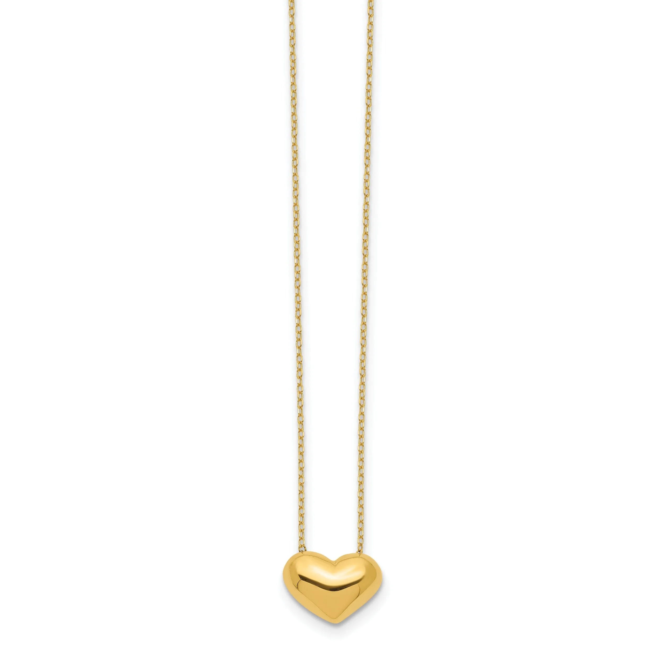 14k Yellow Gold Polished Finish Hollow Puffed Heart Pendant Design in a 18 inch Cable Chain Necklace Set