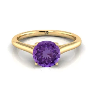 14K Yellow Gold Round Brilliant Amethyst Cathedral Style Comfort Fit Solitaire Engagement Ring