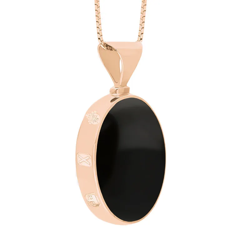 18ct Rose Gold Whitby Jet Mother of Pearl Queens Jubilee Hallmark Double Sided Oval Necklace