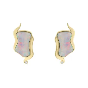 18ct Yellow Gold Opal 0.06ct Diamond Unique Wavy Earrings