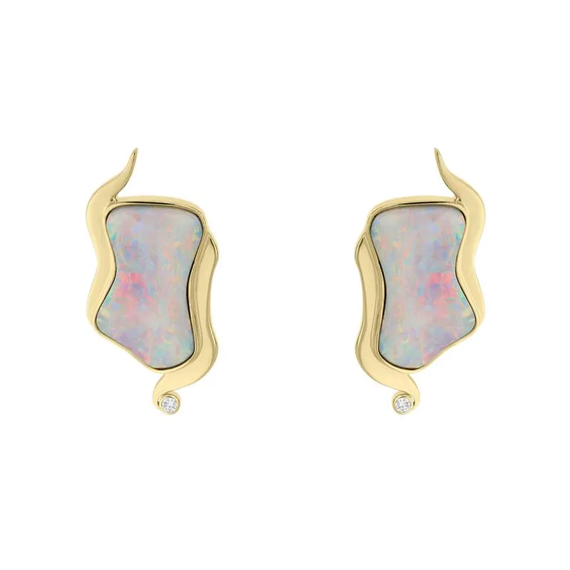 18ct Yellow Gold Opal 0.06ct Diamond Unique Wavy Earrings