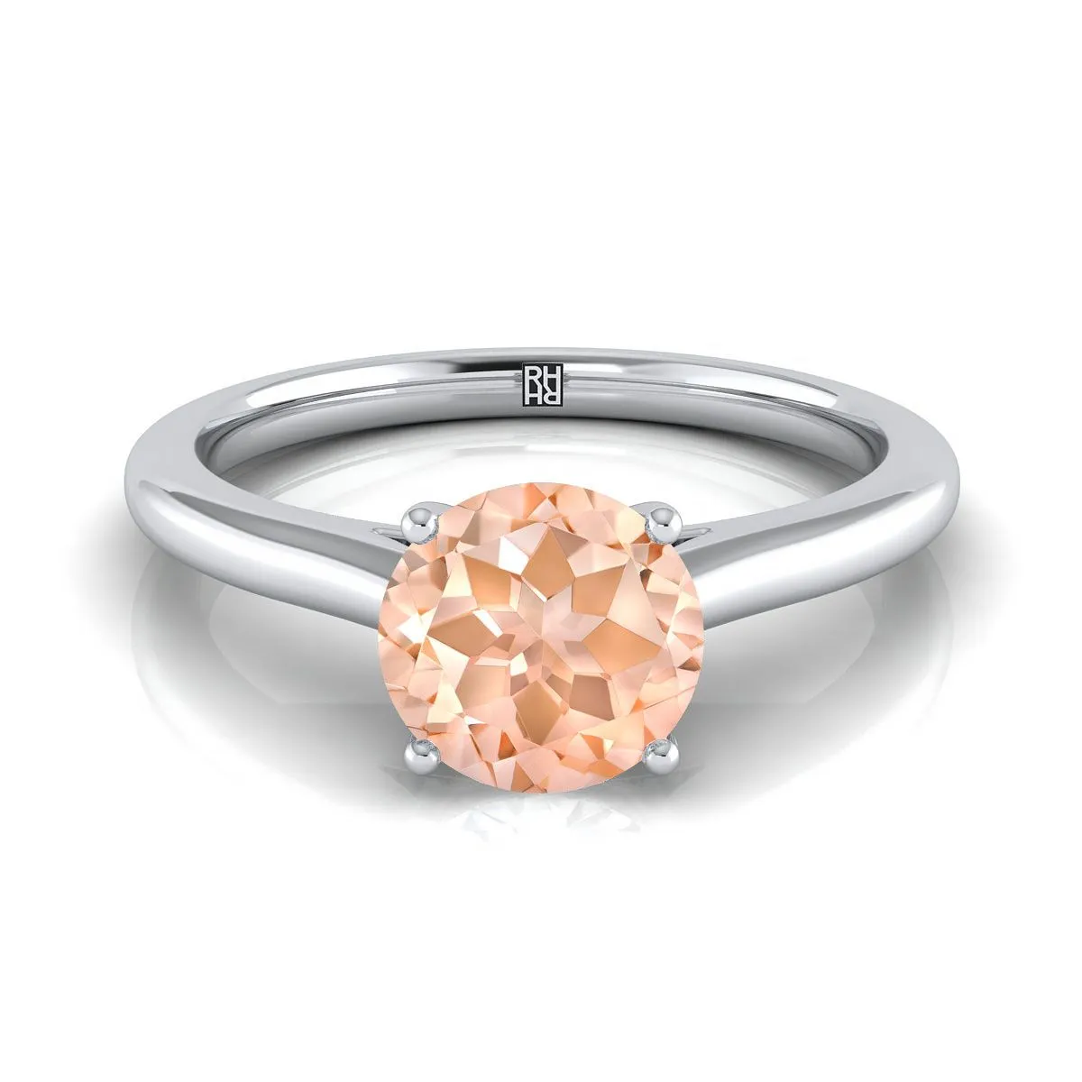 18K White Gold Round Brilliant Morganite Pinched Comfort Fit Claw Prong Solitaire Engagement Ring