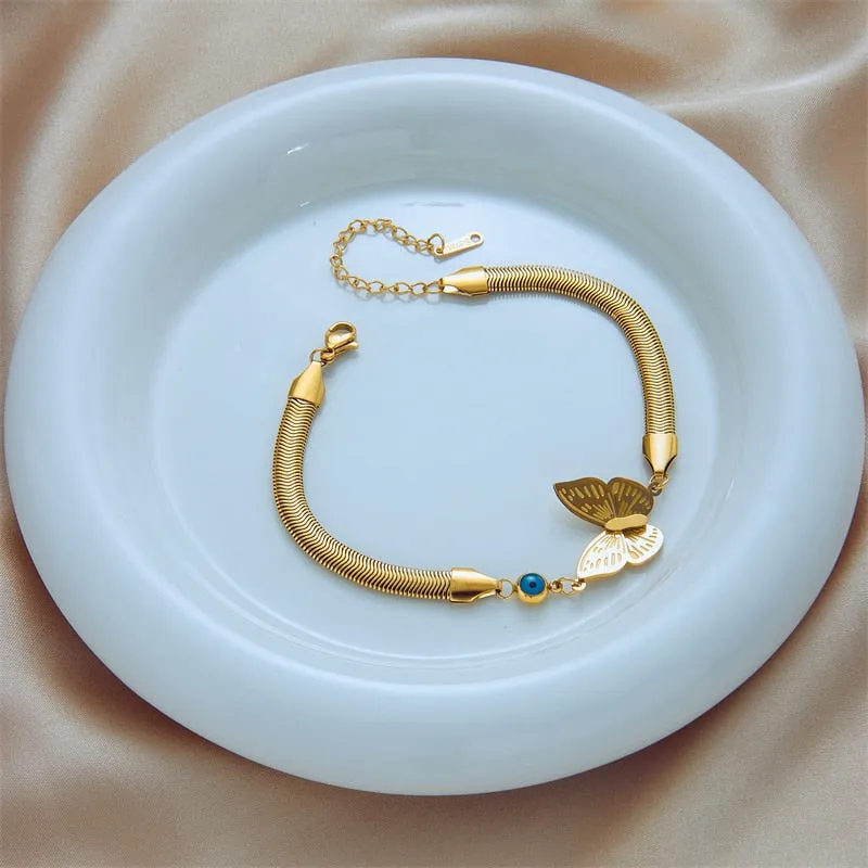 316L Stainless Steel Gold Color Blue Eye Butterfly Charm Bracelet for Women