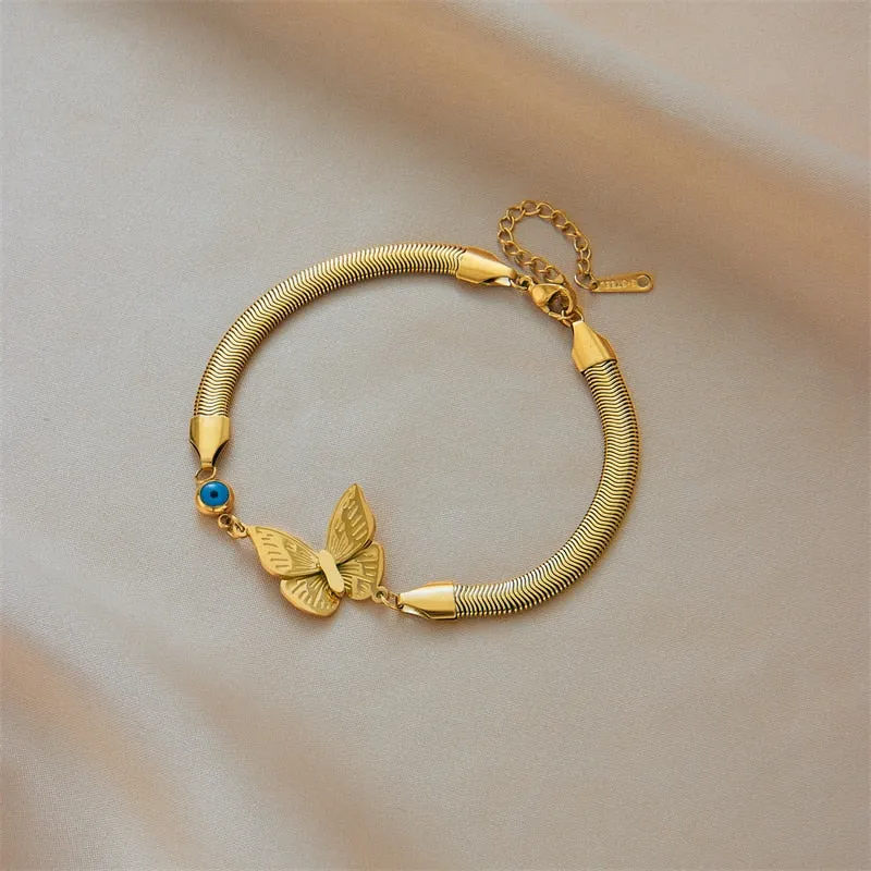 316L Stainless Steel Gold Color Blue Eye Butterfly Charm Bracelet for Women