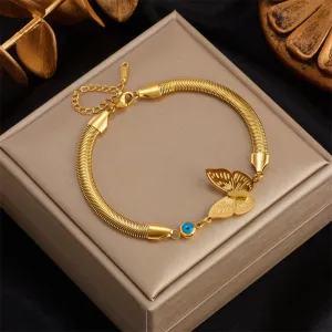 316L Stainless Steel Gold Color Blue Eye Butterfly Charm Bracelet for Women