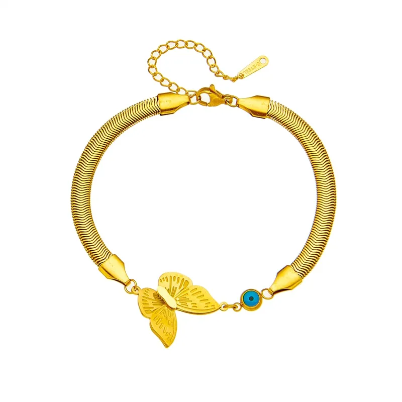 316L Stainless Steel Gold Color Blue Eye Butterfly Charm Bracelet for Women