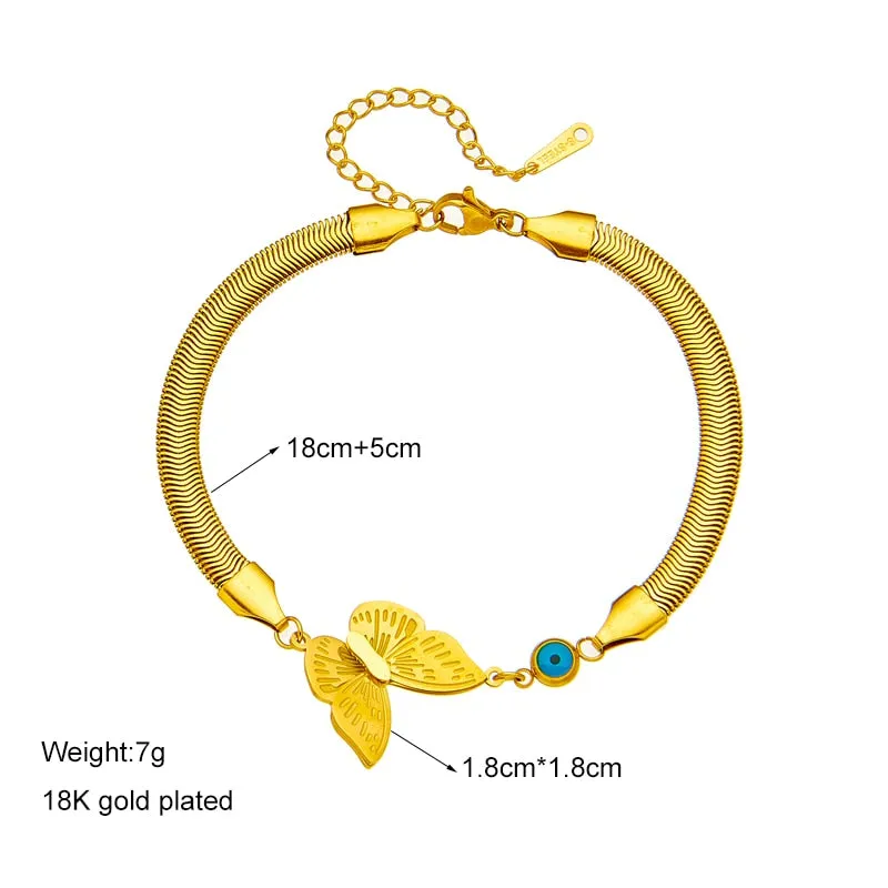 316L Stainless Steel Gold Color Blue Eye Butterfly Charm Bracelet for Women