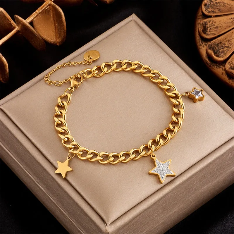 316L Stainless Steel Heart Star Eye Zircon Charm Bracelet For Women
