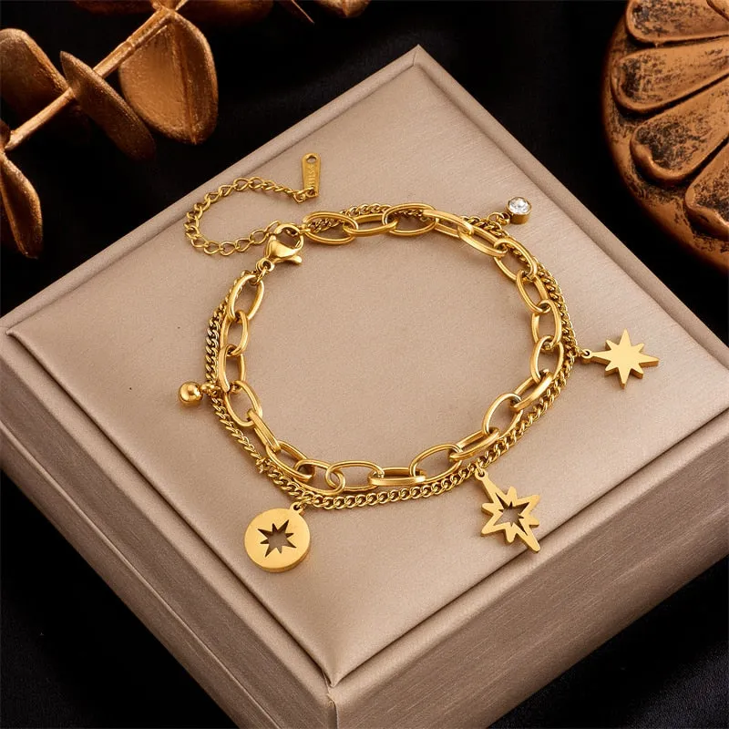 316L Stainless Steel Heart Star Eye Zircon Charm Bracelet For Women
