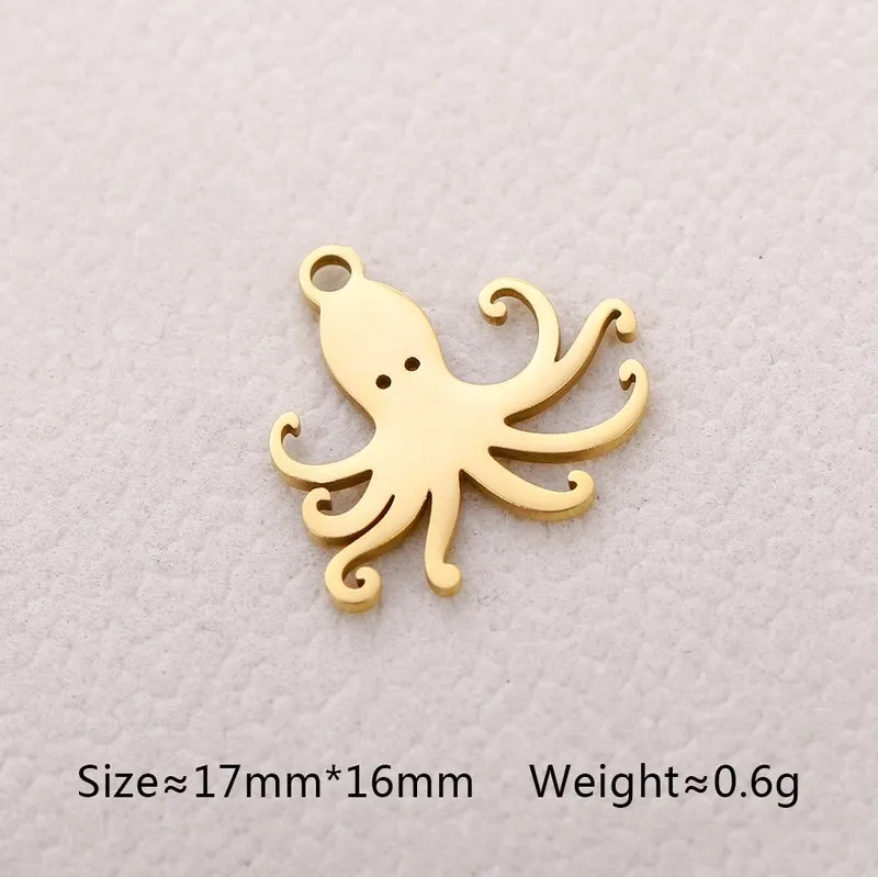 5 PCS/Package 13*13mm 304 Stainless Steel Octopus Fish Tail Whale Polished Pendant