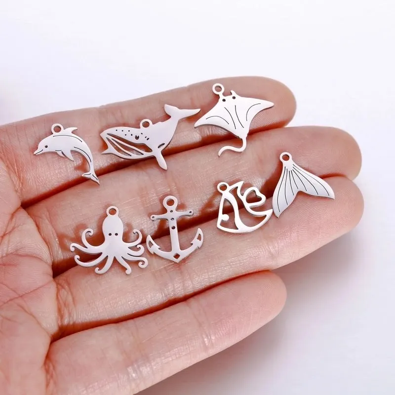 5 PCS/Package 13*13mm 304 Stainless Steel Octopus Fish Tail Whale Polished Pendant