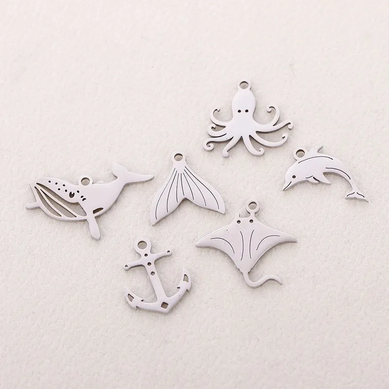 5 PCS/Package 13*13mm 304 Stainless Steel Octopus Fish Tail Whale Polished Pendant
