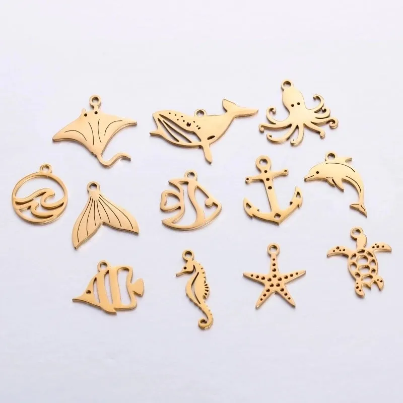 5 PCS/Package 13*13mm 304 Stainless Steel Octopus Fish Tail Whale Polished Pendant