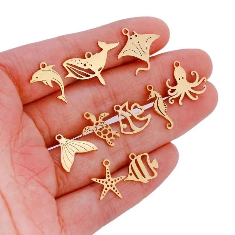 5 PCS/Package 13*13mm 304 Stainless Steel Octopus Fish Tail Whale Polished Pendant