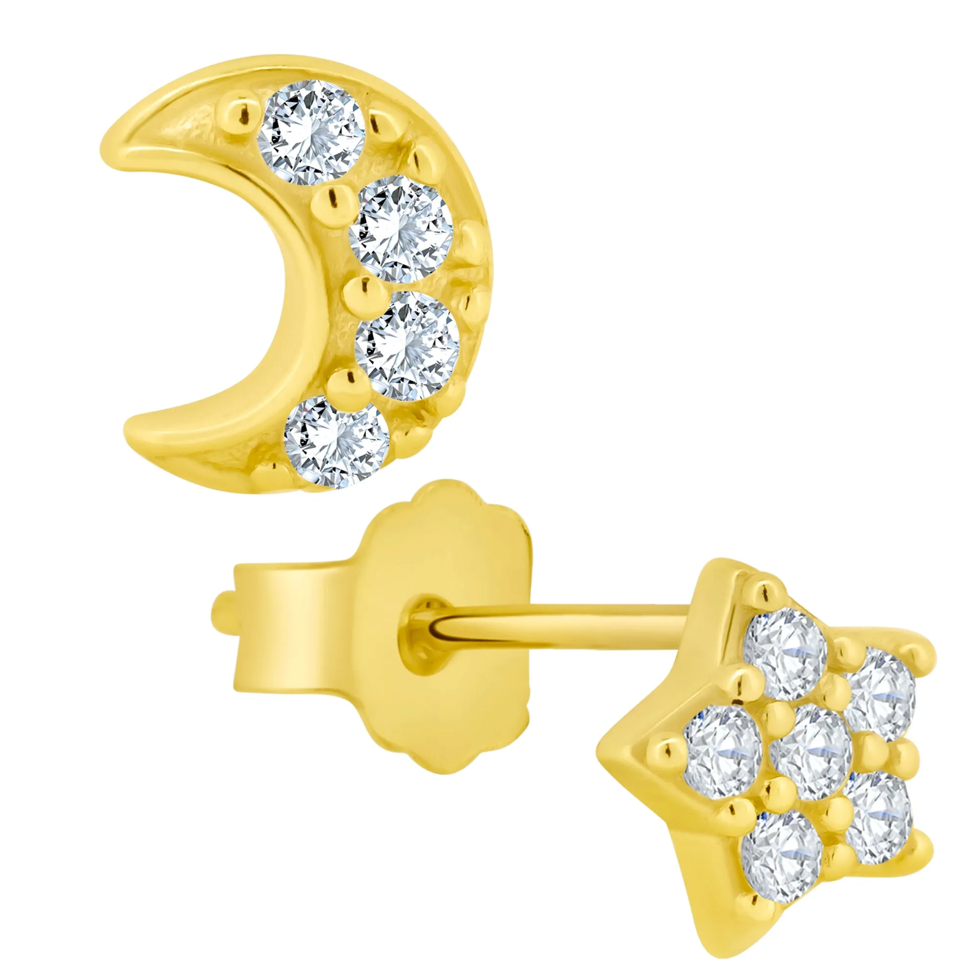 925 Sterling Silver Moon and Star with Cubic Zirconia Earrings Stud Push Backing