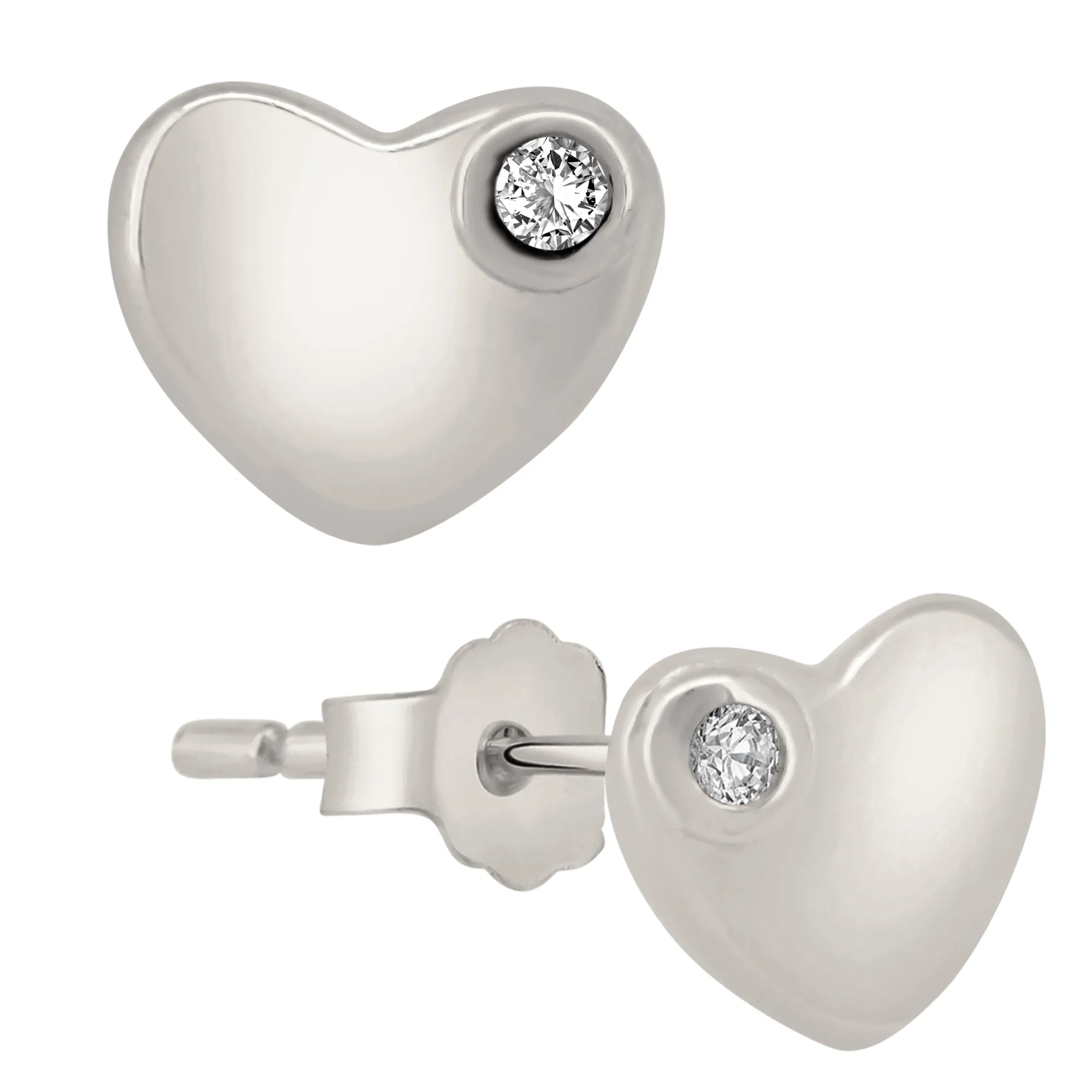925 Sterling Silver Plain Heart Shaped Design with Cubic Zirconia Earrings Stud Push Backing