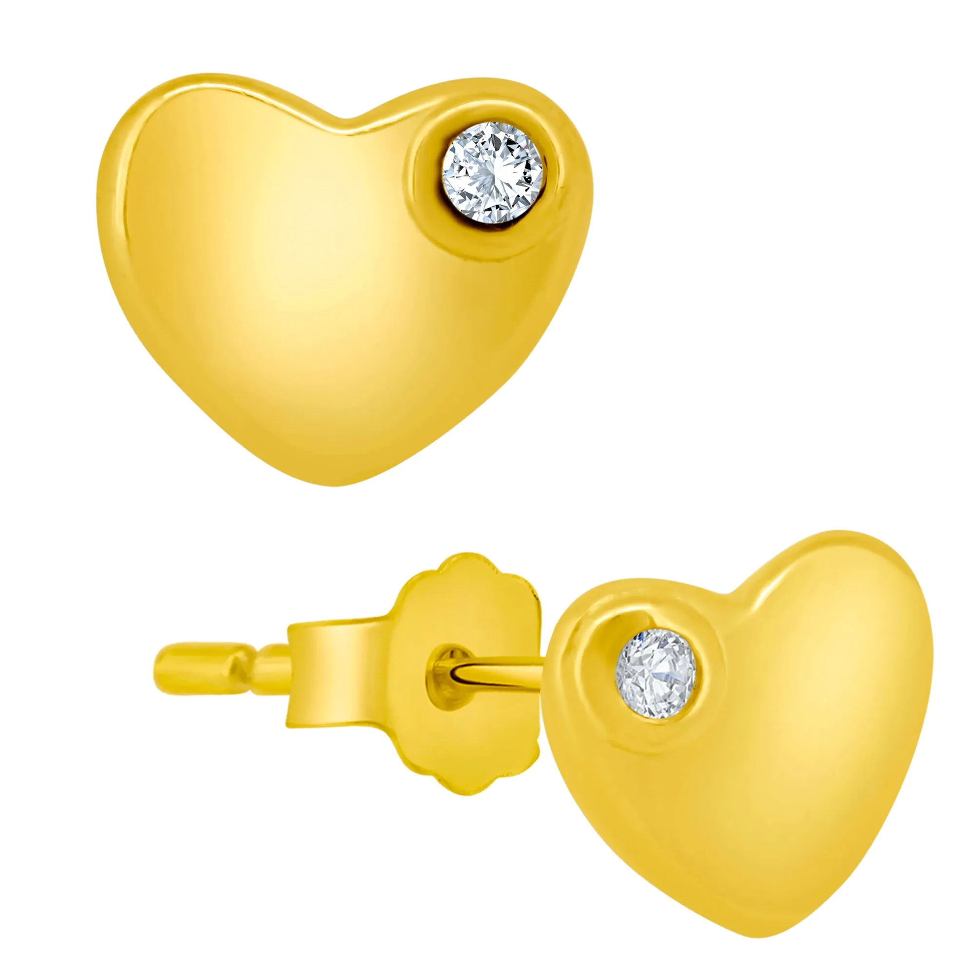 925 Sterling Silver Plain Heart Shaped Design with Cubic Zirconia Earrings Stud Push Backing