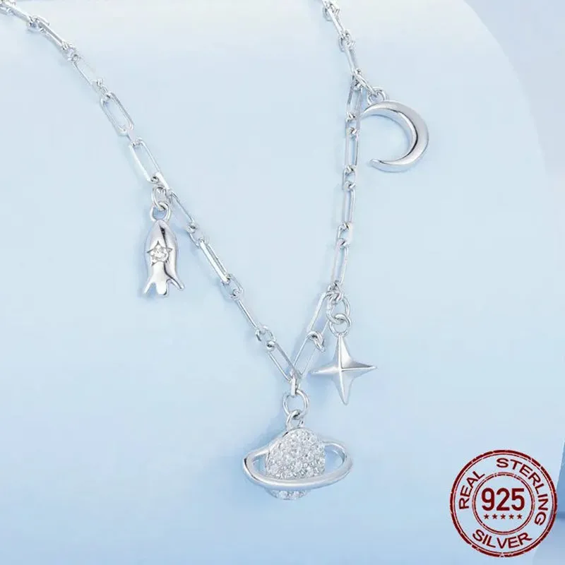 925 Sterling Silver Starry Sky Pendant Necklace Star and Planet Choker Necklace for Women Gift Zircon Fine Jewelry