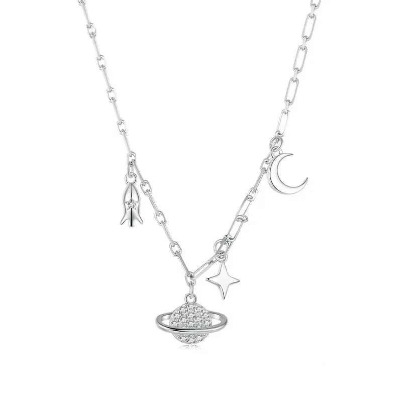 925 Sterling Silver Starry Sky Pendant Necklace Star and Planet Choker Necklace for Women Gift Zircon Fine Jewelry
