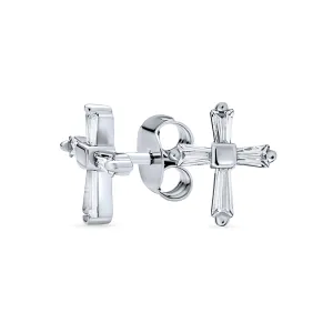 Accent CZ Baguette Cross Stud Earrings for Men in Yellow 14K Gold Sterling Silver