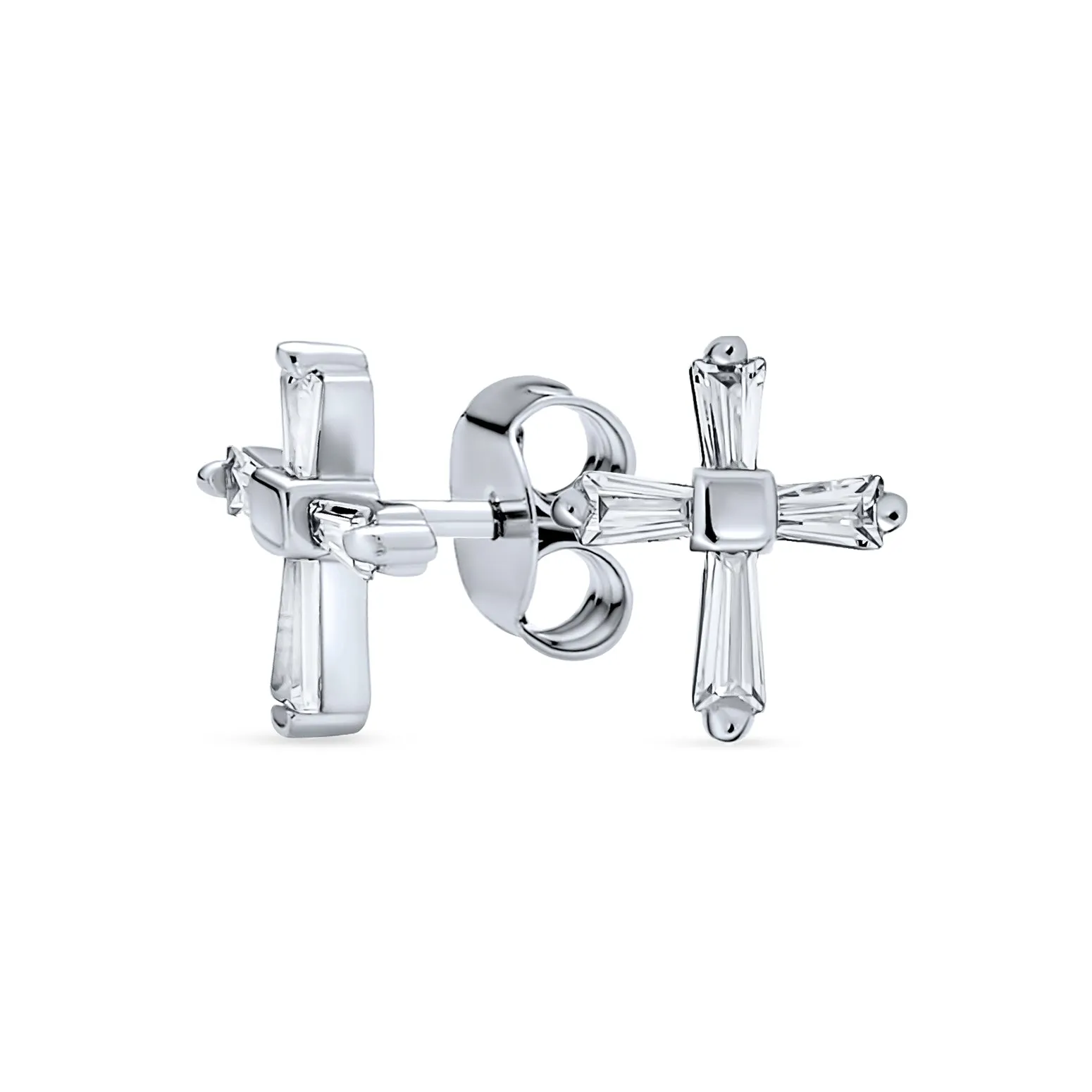 Accent CZ Baguette Cross Stud Earrings for Men in Yellow 14K Gold Sterling Silver