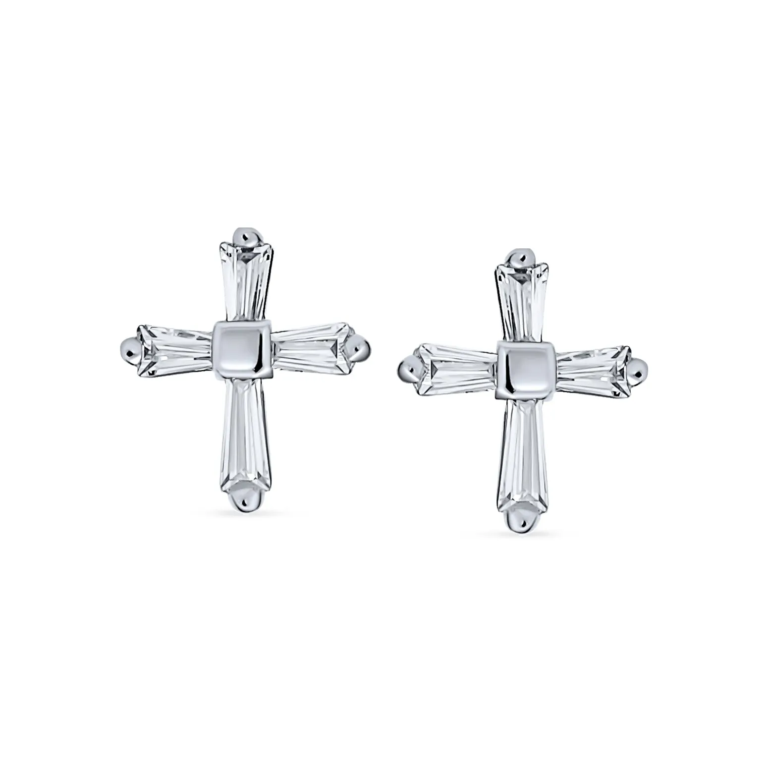 Accent CZ Baguette Cross Stud Earrings for Men in Yellow 14K Gold Sterling Silver