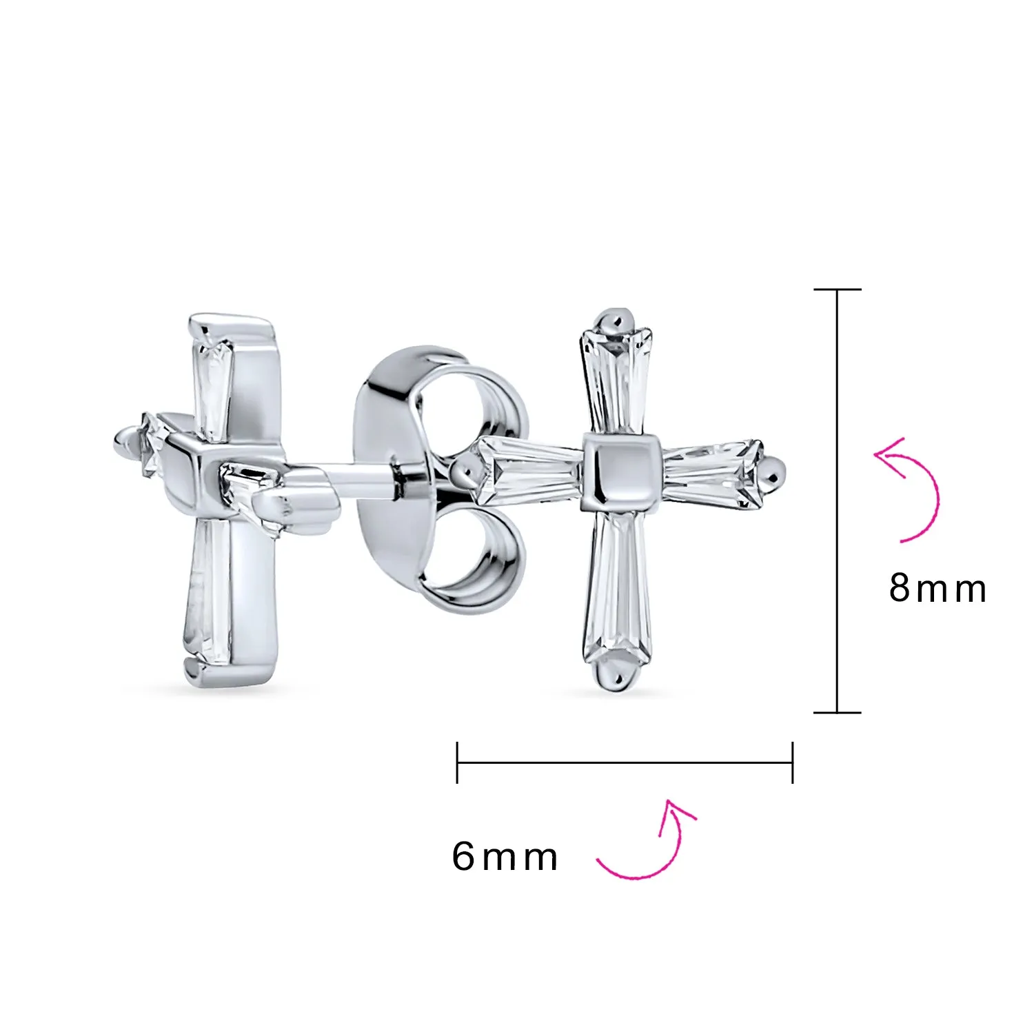 Accent CZ Baguette Cross Stud Earrings for Men in Yellow 14K Gold Sterling Silver
