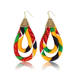 All Yellow Kente Double Loop Mini Earrings | Traditional Print Kente Earrings | Yellow, Black, Green, Red Dangle Earrings | Cloth & Cord