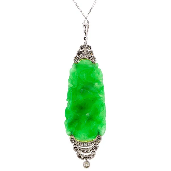 Art Deco Carved Jade & Diamond Necklace