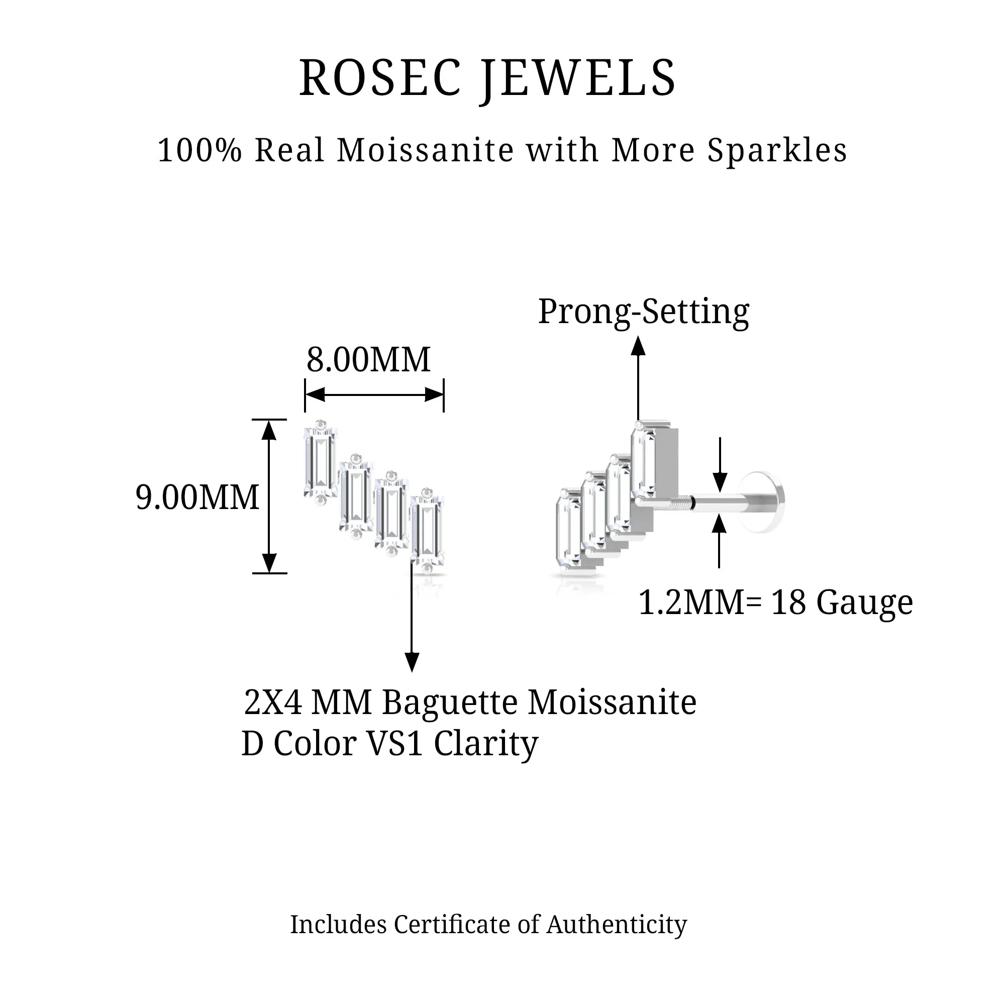Baguette Moissanite Cartilage Crawler Earring