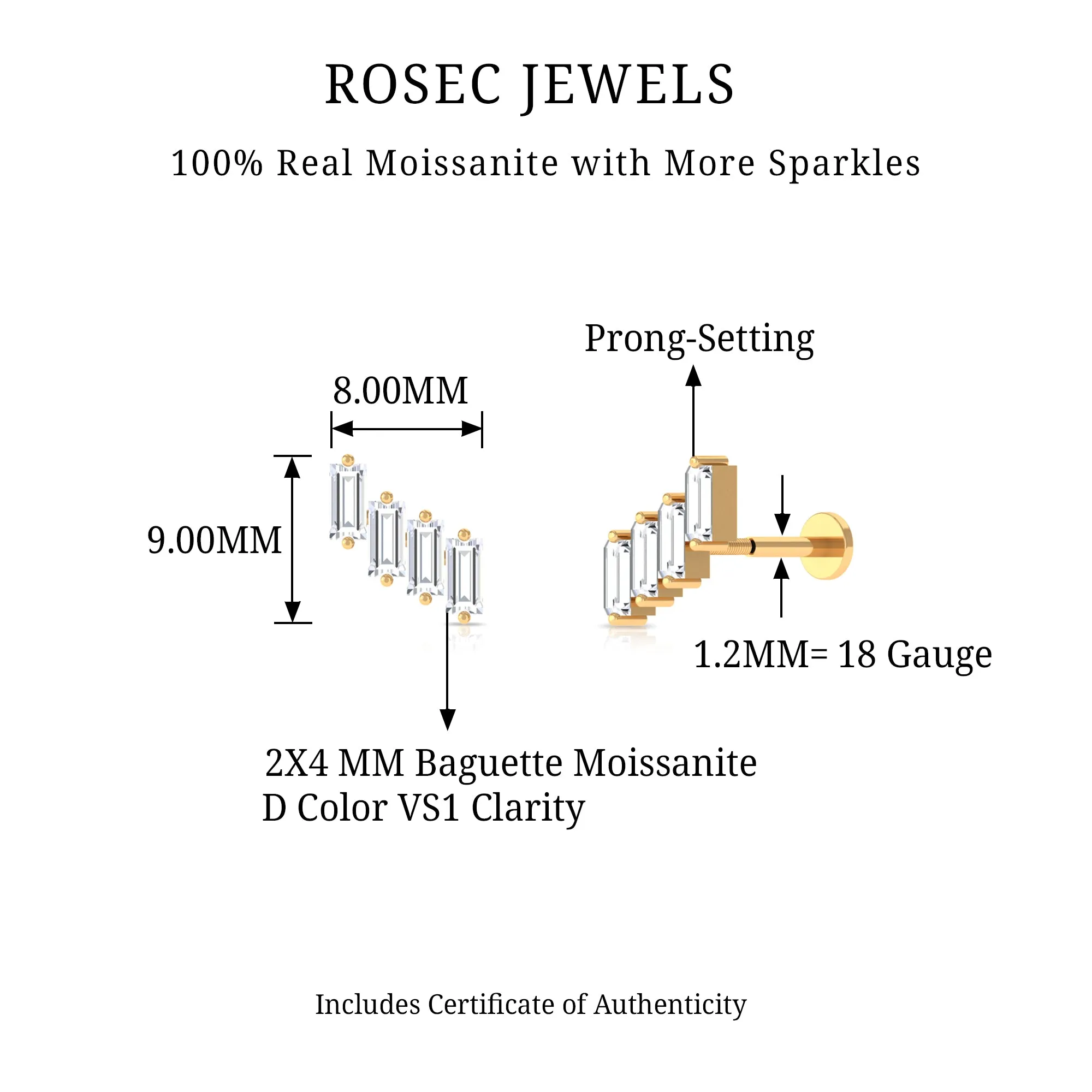 Baguette Moissanite Cartilage Crawler Earring