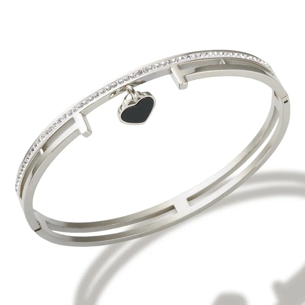 Black Heart Charm Crystal Bangle Cuff Bangles Love Heart Pendant Jewelry