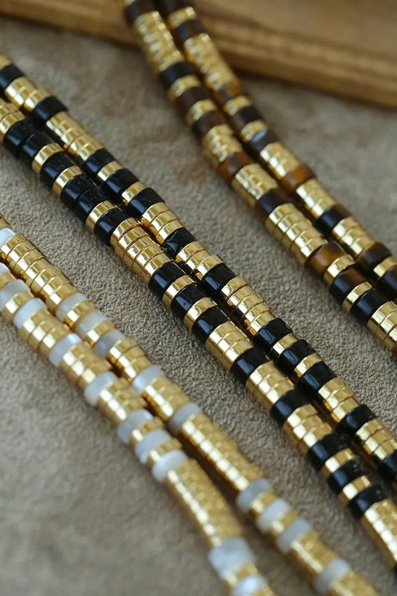 Black Onyx Tiger Eye Mother of Pearls Vintage Disc Bracelet