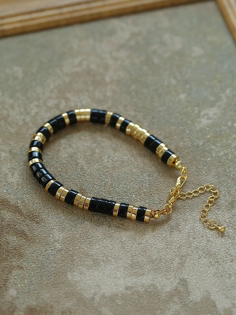 Black Onyx Tiger Eye Mother of Pearls Vintage Disc Bracelet