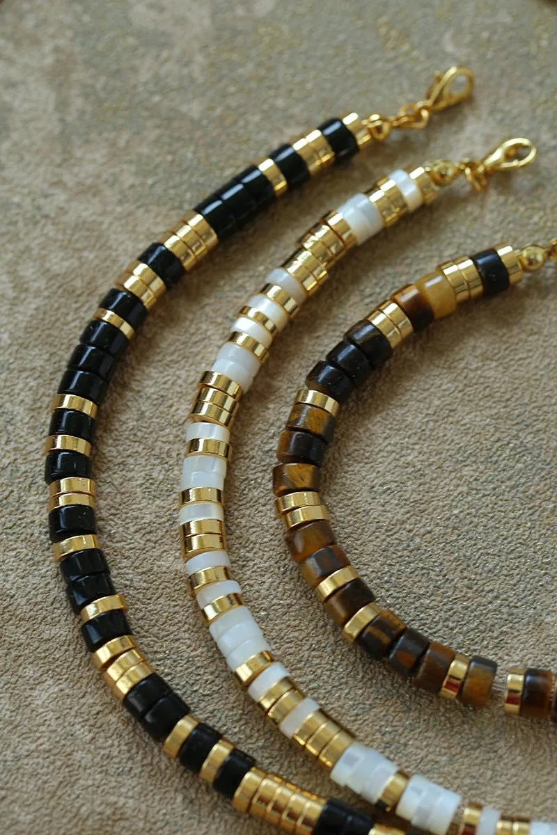 Black Onyx Tiger Eye Mother of Pearls Vintage Disc Bracelet