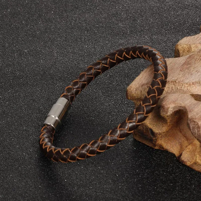 Black or Brown Men's / Women's varied sizes Leather Rope Bracelet with Stainless Steel Clasp