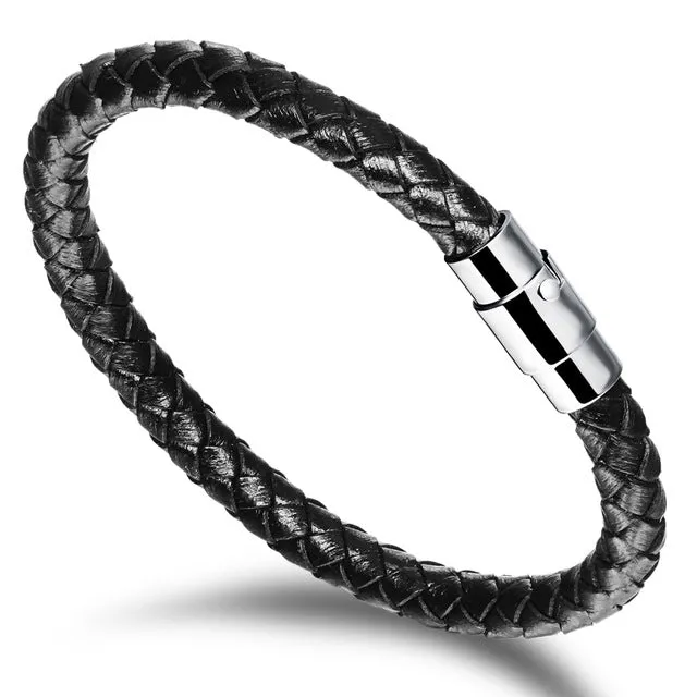 Black or Brown Men's / Women's varied sizes Leather Rope Bracelet with Stainless Steel Clasp