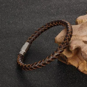 Black or Brown Men's / Women's varied sizes Leather Rope Bracelet with Stainless Steel Clasp