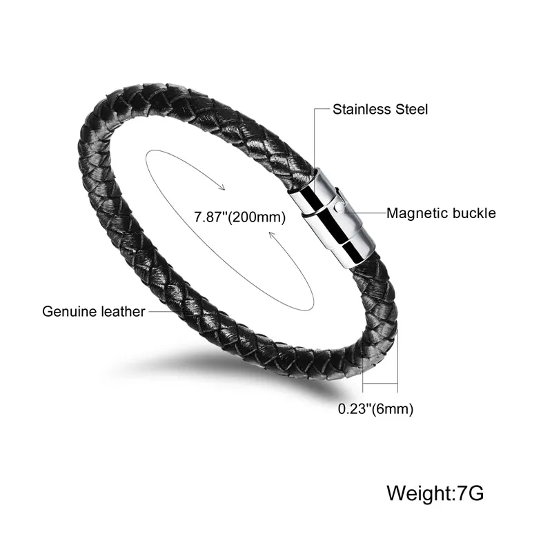 Black or Brown Men's / Women's varied sizes Leather Rope Bracelet with Stainless Steel Clasp