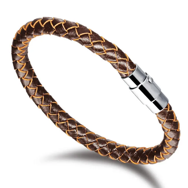 Black or Brown Men's / Women's varied sizes Leather Rope Bracelet with Stainless Steel Clasp