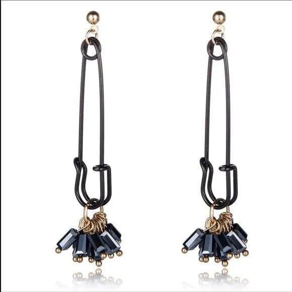 Black Safety Pin Seed Bead Tassel Earrings
