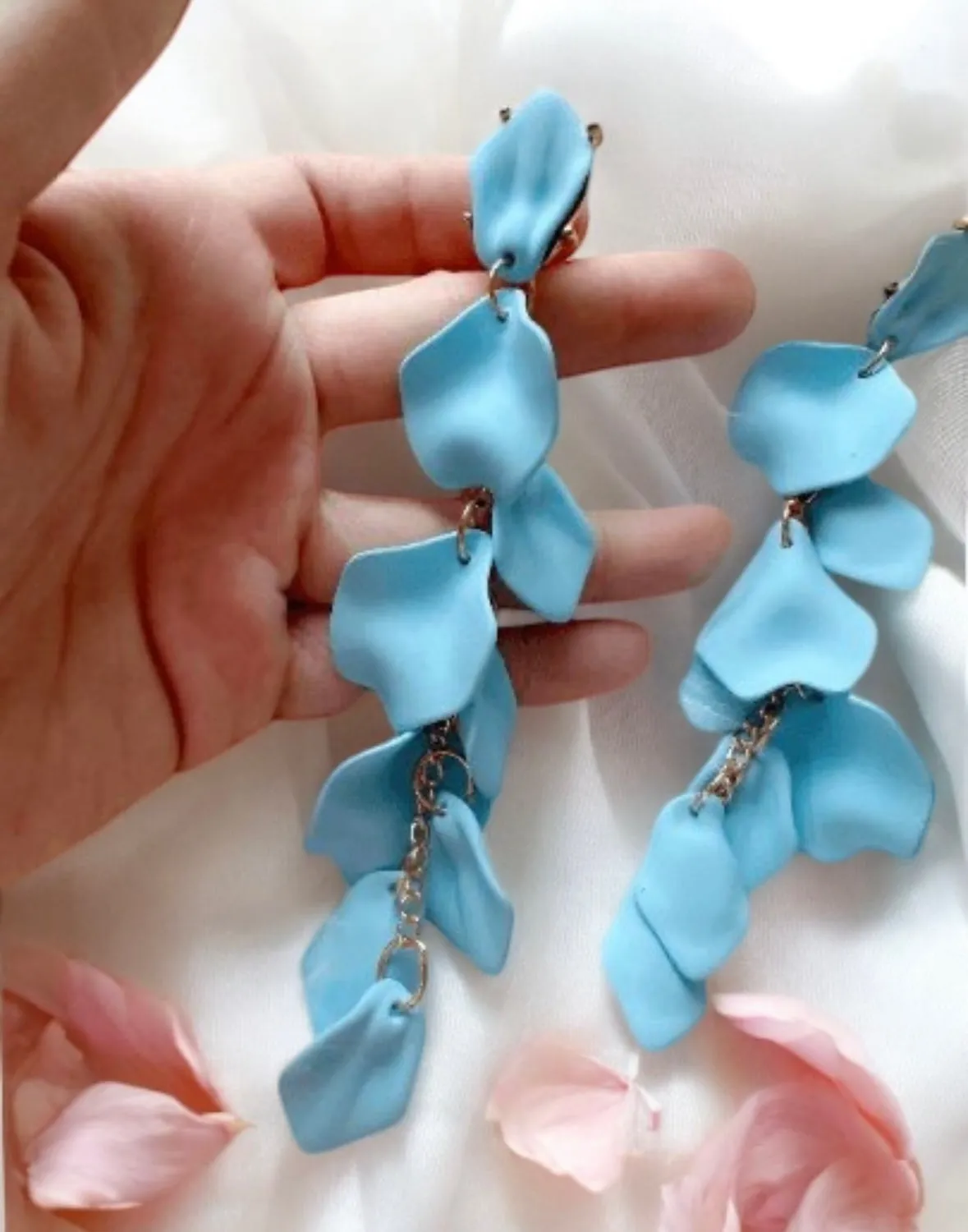 Blue- Baby blue pastel flower earrings | dangle petals baroque earrings | unique gold floral earrings | bridal party wedding earrings