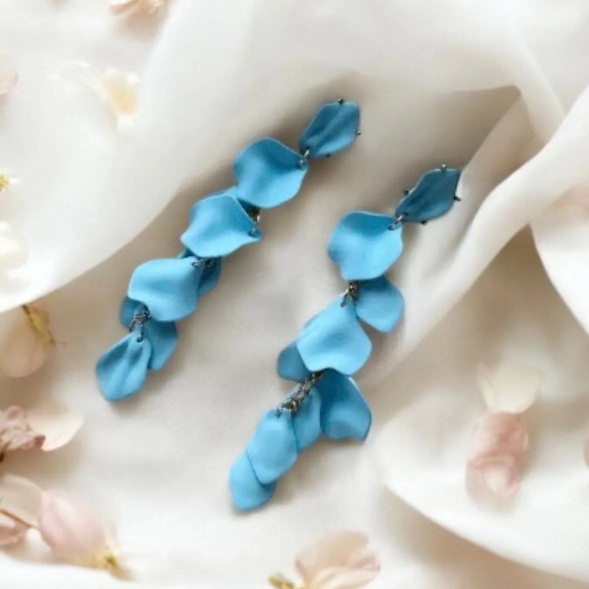 Blue- Baby blue pastel flower earrings | dangle petals baroque earrings | unique gold floral earrings | bridal party wedding earrings